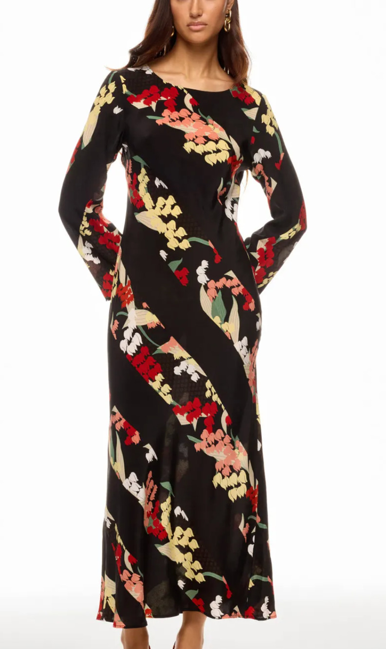 Rixo Black Floral Midi Dress Size 6 Chic Silk Mod Shift Cocktail Designer $400
